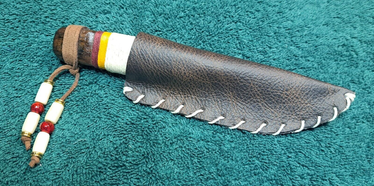 Handcrafted Skinner Knife – 6.5" Full Tang Stainless Blade with Dyed Hemp Wrapped Wood Handle & Leather Sheath