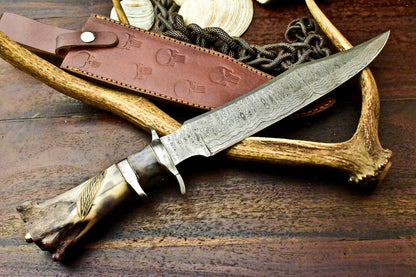 Damascus Bowie – 15" Handmade Hunting Knife with Engraved Camel Bone Handle & Leather Sheath