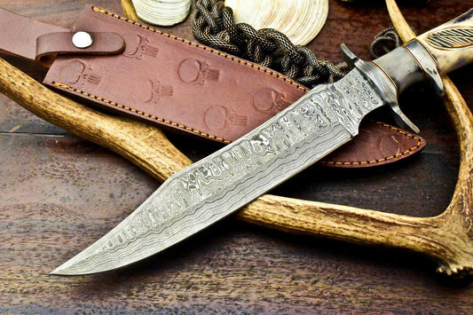 Damascus Bowie – 15" Handmade Hunting Knife with Engraved Camel Bone Handle & Leather Sheath