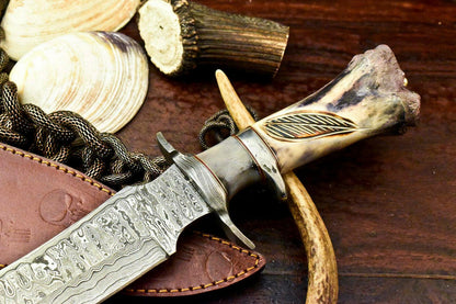 Damascus Bowie – 15" Handmade Hunting Knife with Engraved Camel Bone Handle & Leather Sheath