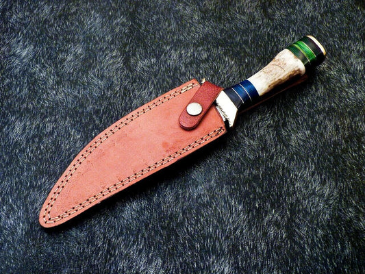 Handmade Damascus Bowie Knife – 10.5" Stag Horn & Hardwood Handle with Leather Sheath