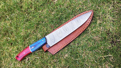 Custom Handmade Damascus Steel Kitchen Knife | Full Tang Fillet Chef Knife with Wooden Handle
