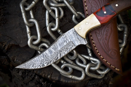 Forged Twist Damascus Skinner Knife with Mixed Material Handle – 8" EDC Hunting Knife Veterans Gift