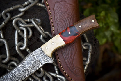 Forged Twist Damascus Skinner Knife with Mixed Material Handle – 8" EDC Hunting Knife Veterans Gift
