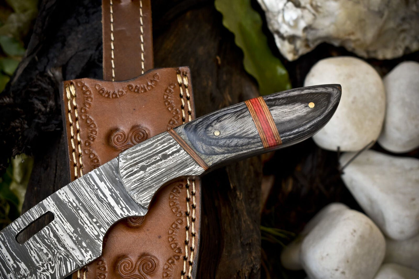 11 in Custom Twist Damascus Skinner Knife with Hardwood Handle and Wooden Bolster