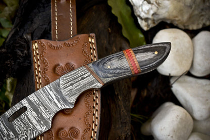 11 in Custom Twist Damascus Skinner Knife with Hardwood Handle and Wooden Bolster