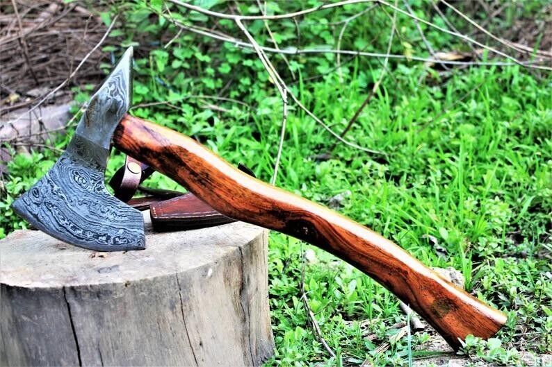 Multi Purpose Viking Handmade Damascus Steel Tomahawk Axe with Rosewood Handle and Leather Sheath
