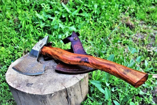 Multi Purpose Viking Handmade Damascus Steel Tomahawk Axe with Rosewood Handle and Leather Sheath