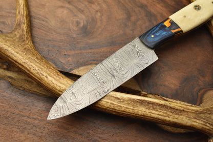 Custom Handmade Chef Knife – Damascus Steel Blade with Camel Bone Handle & Leather Sheath