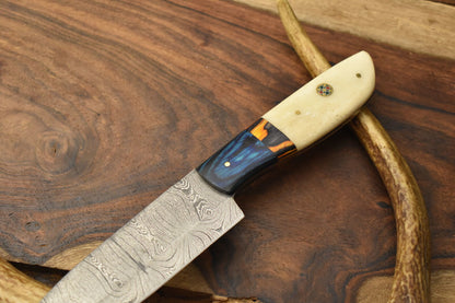 Custom Handmade Chef Knife – Damascus Steel Blade with Camel Bone Handle & Leather Sheath