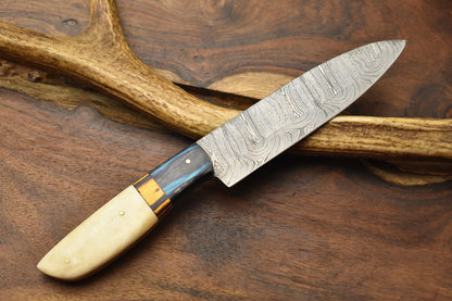 Custom Handmade Chef Knife – Damascus Steel Blade with Camel Bone Handle & Leather Sheath
