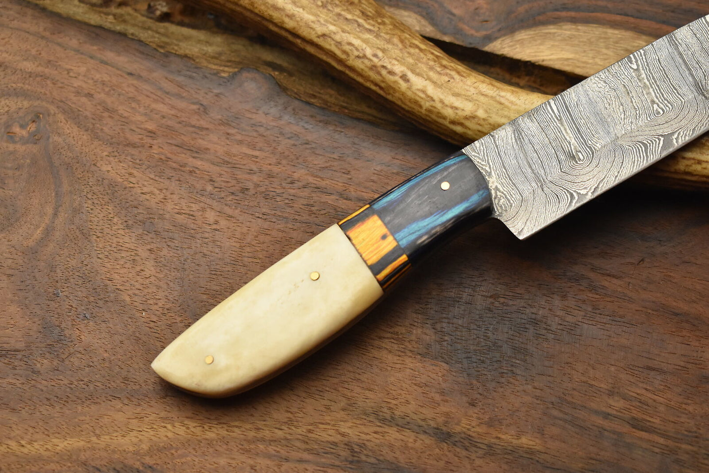 Custom Handmade Chef Knife – Damascus Steel Blade with Camel Bone Handle & Leather Sheath