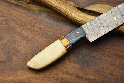 Custom Handmade Chef Knife – Damascus Steel Blade with Camel Bone Handle & Leather Sheath