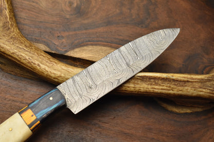 Custom Handmade Chef Knife – Damascus Steel Blade with Camel Bone Handle & Leather Sheath