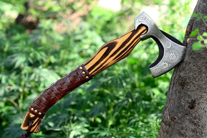 Handmade Carbon Steel Viking Axe VALHALLA – Engraved High Carbon Blade with Leather Sheath