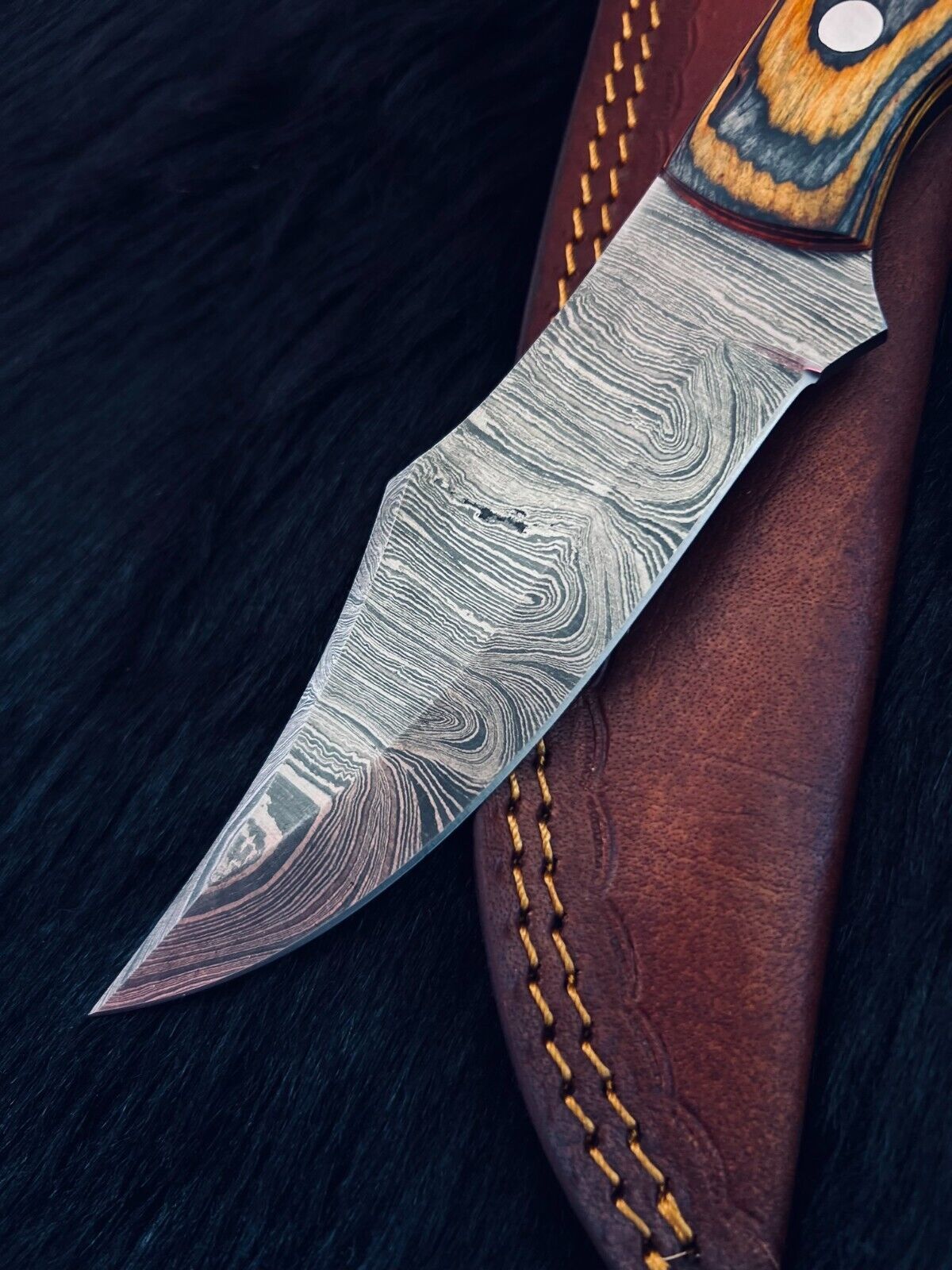 Heritage Forge 10.5 Inch Twist Damascus Steel Bowie Knife with Camel Bone and Wood Handle