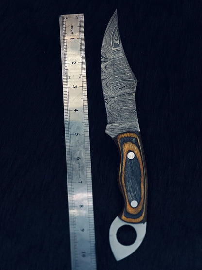 Heritage Forge 10.5 Inch Twist Damascus Steel Bowie Knife with Camel Bone and Wood Handle