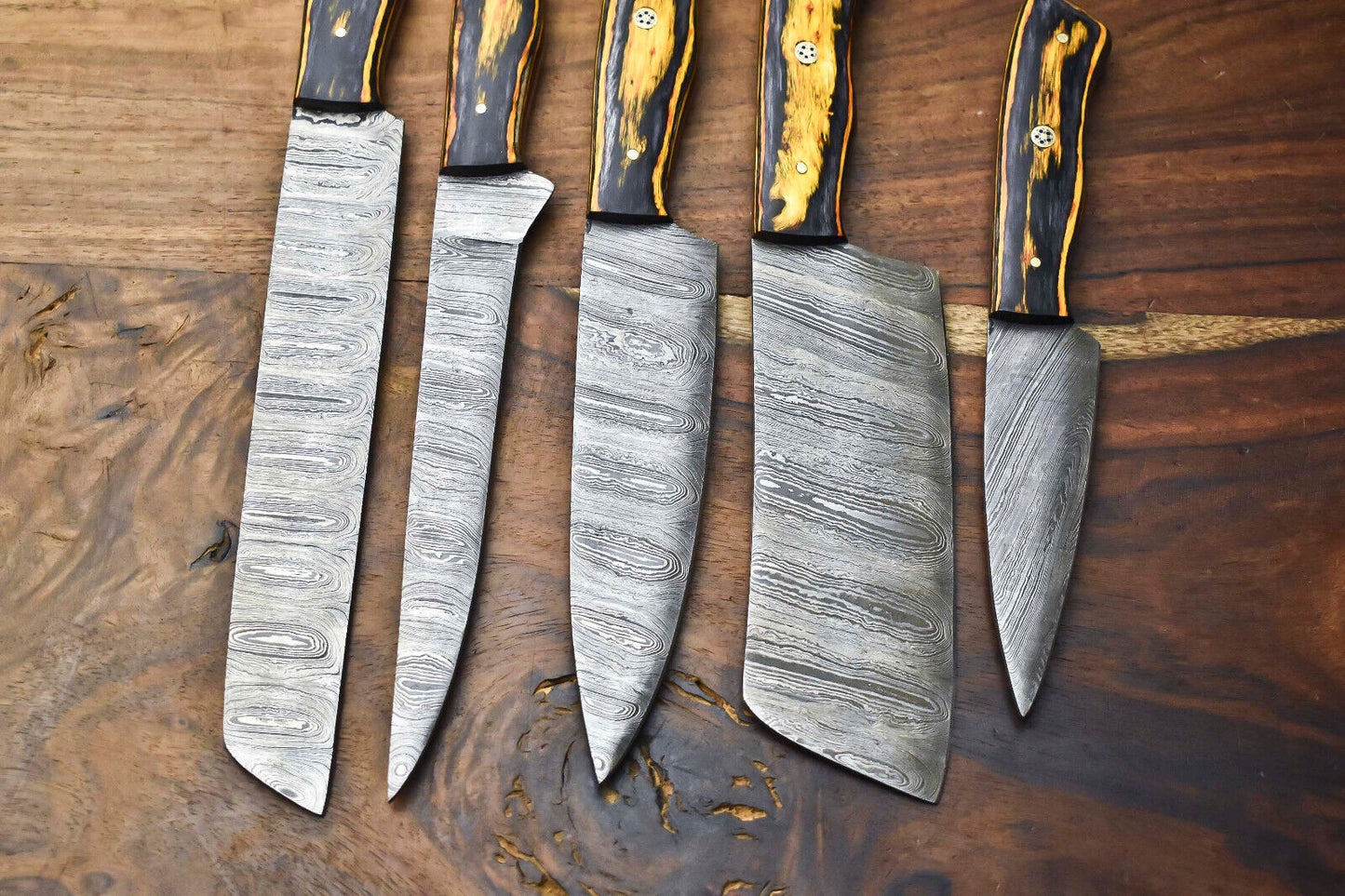 Exclusive 5-Piece Hand-Forged Damascus Steel Chef Knife Set with Hammered Blades