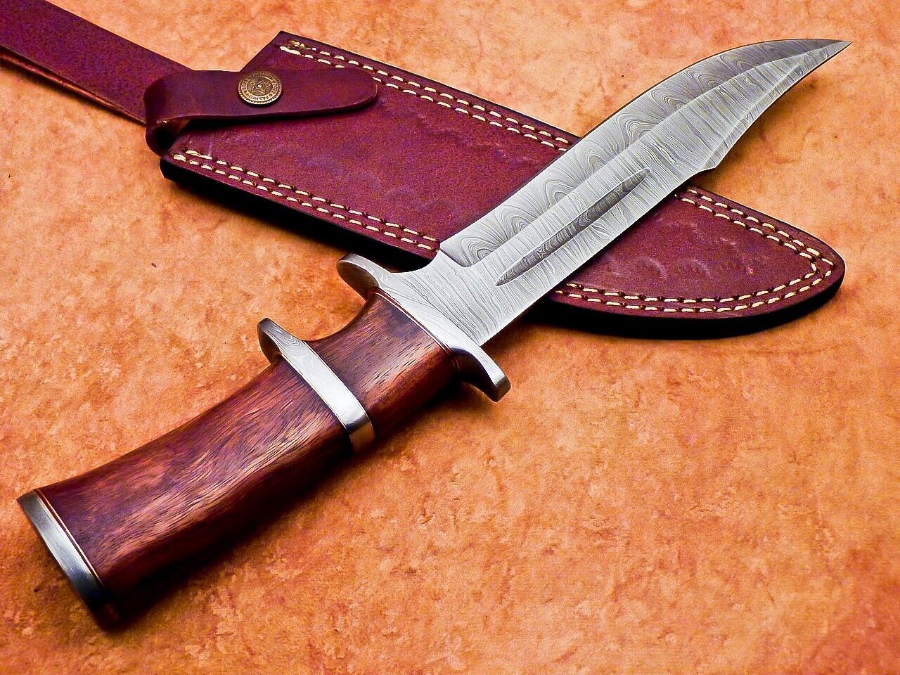 Heritage Forge 12 Inch Handmade Damascus Steel Hunting Bowie Knife with Wood Handle and Sheath