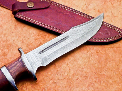 Heritage Forge 12 Inch Handmade Damascus Steel Hunting Bowie Knife with Wood Handle and Sheath