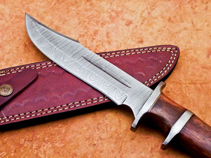 Heritage Forge 12 Inch Handmade Damascus Steel Hunting Bowie Knife with Wood Handle and Sheath