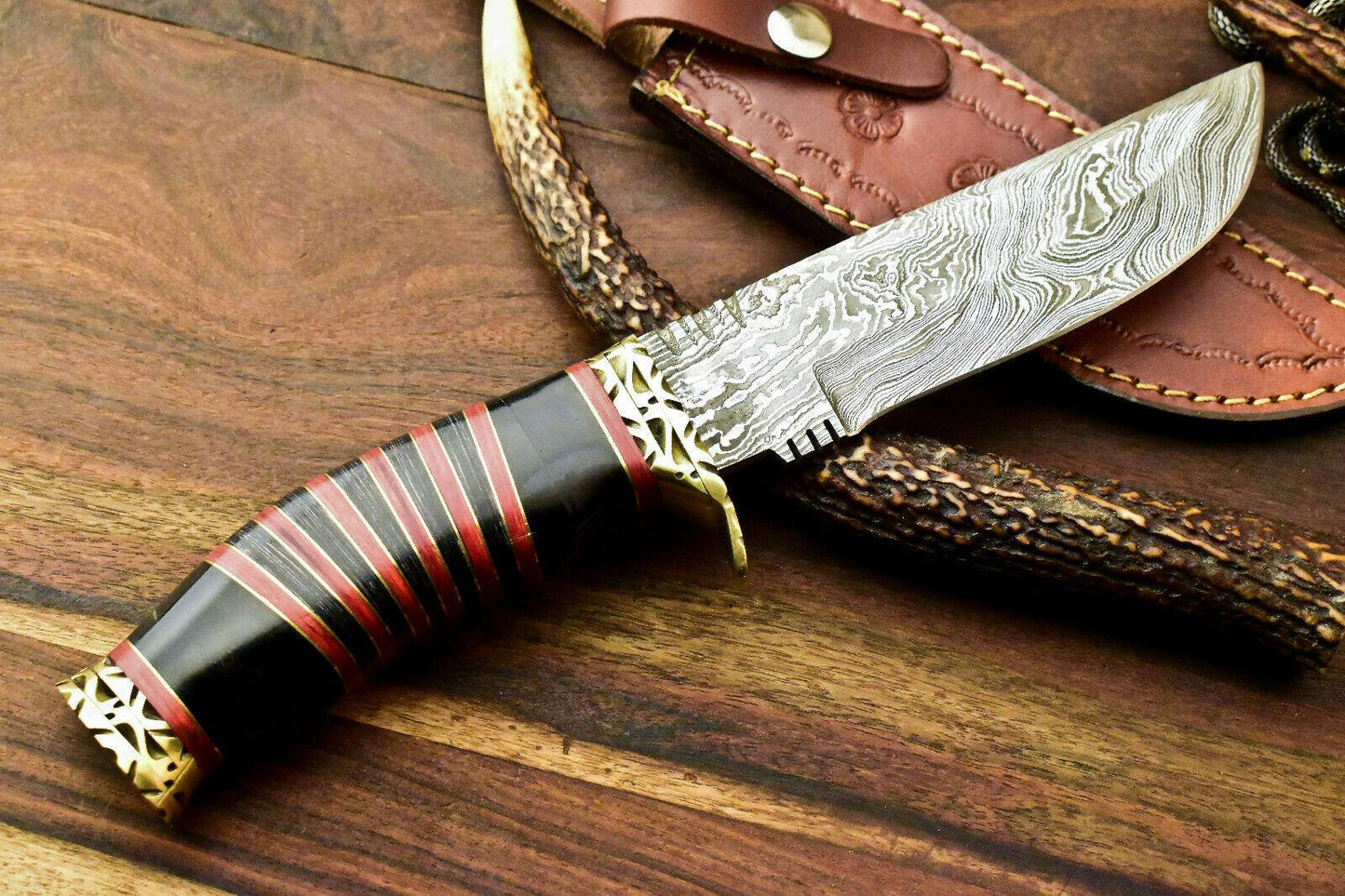 11" Rare Handmade Damascus Bowie Hunting Knife | Hard Wood Handle