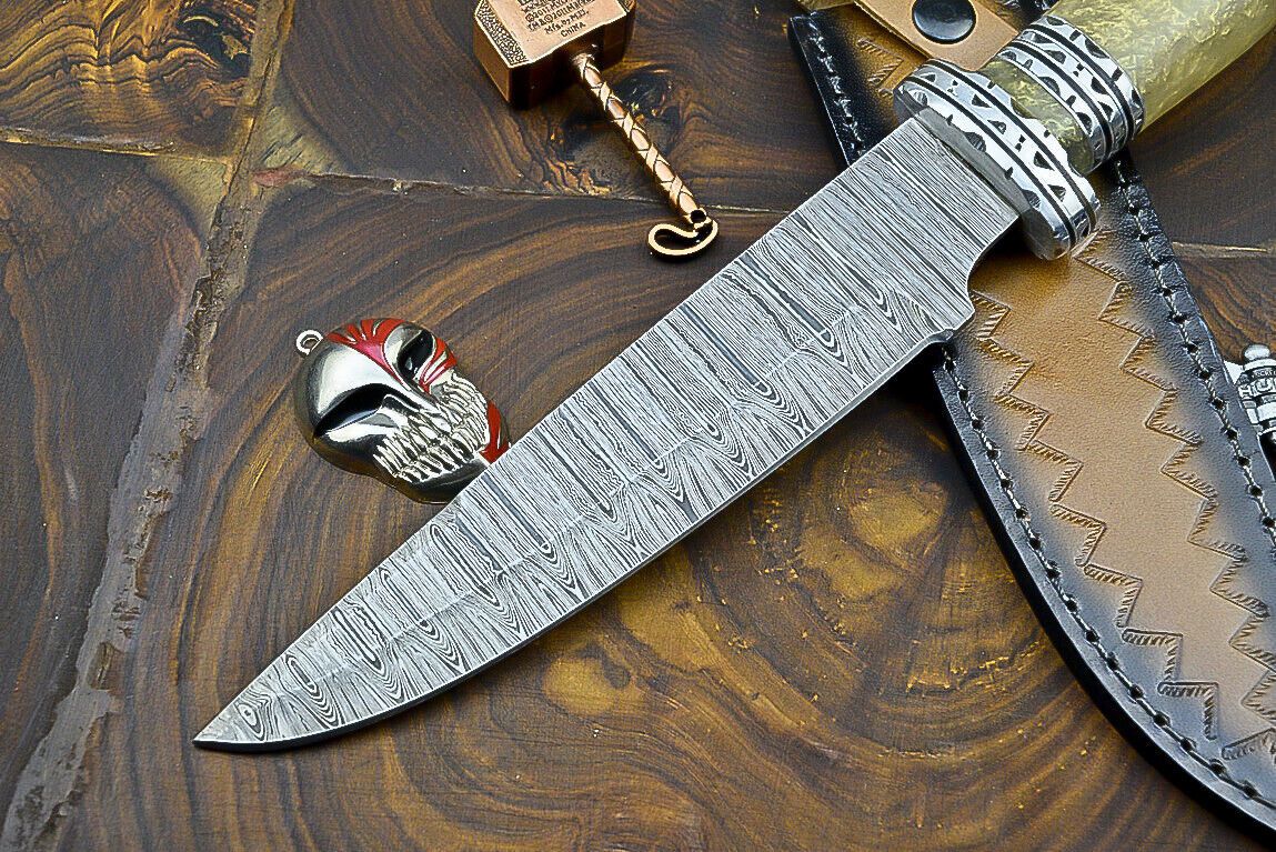 Heritage Forge Trailblazer Damascus Bowie Knife with Resin Steel Bolster Handle