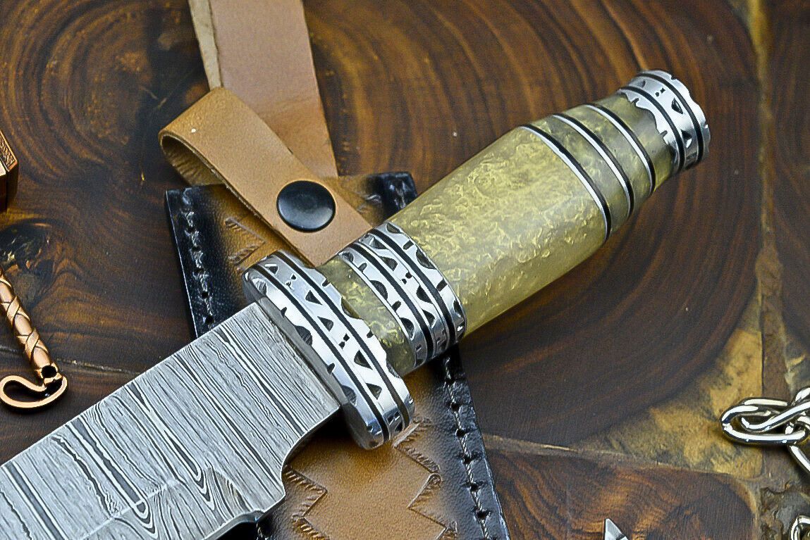Heritage Forge Trailblazer Damascus Bowie Knife with Resin Steel Bolster Handle