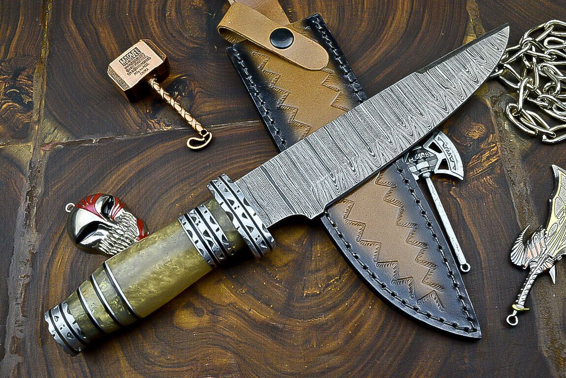 Heritage Forge Trailblazer Damascus Bowie Knife with Resin Steel Bolster Handle