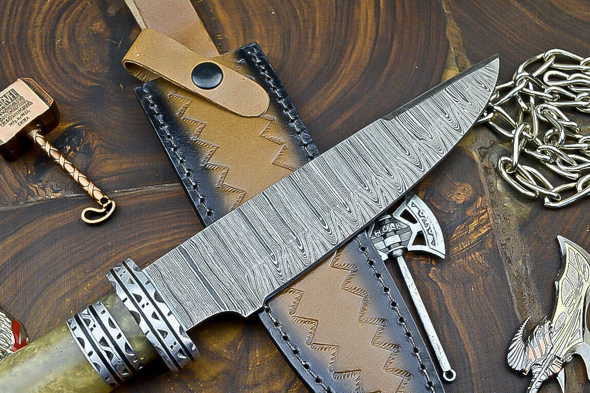 Heritage Forge Trailblazer Damascus Bowie Knife with Resin Steel Bolster Handle