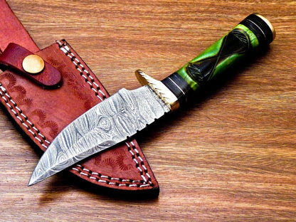 8 Inch Damascus Steel Hunting Knife with Engraved Camel Bone Handle