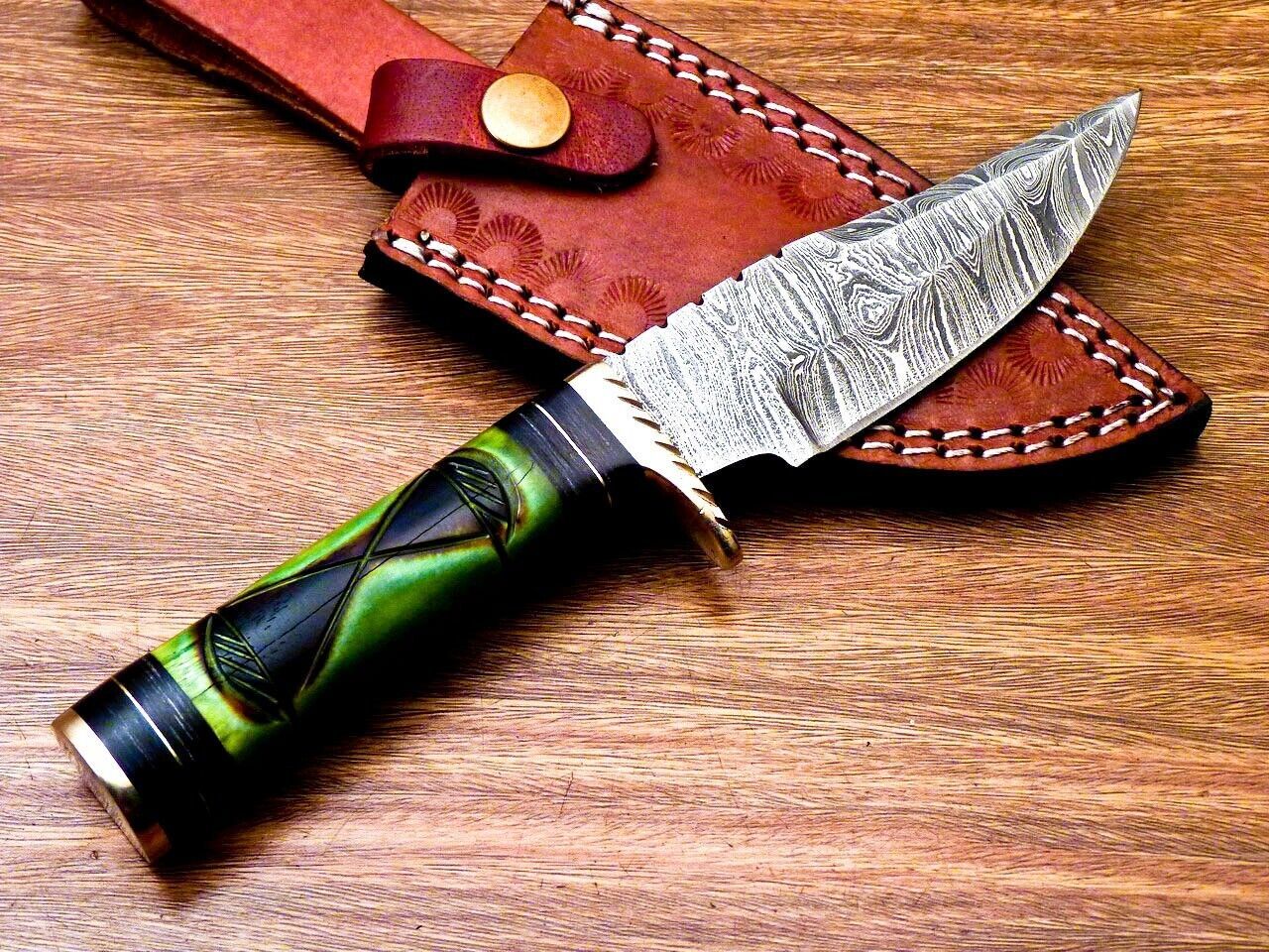 8 Inch Damascus Steel Hunting Knife with Engraved Camel Bone Handle