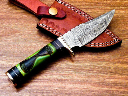 8 Inch Damascus Steel Hunting Knife with Engraved Camel Bone Handle