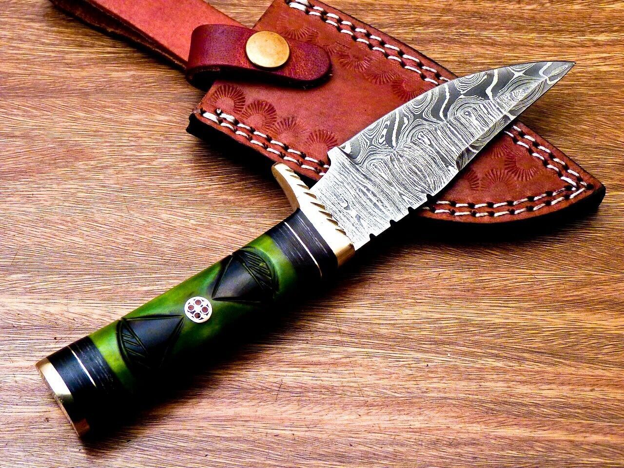 8 Inch Damascus Steel Hunting Knife with Engraved Camel Bone Handle