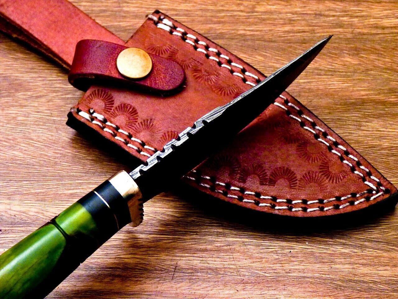 8 Inch Damascus Steel Hunting Knife with Engraved Camel Bone Handle