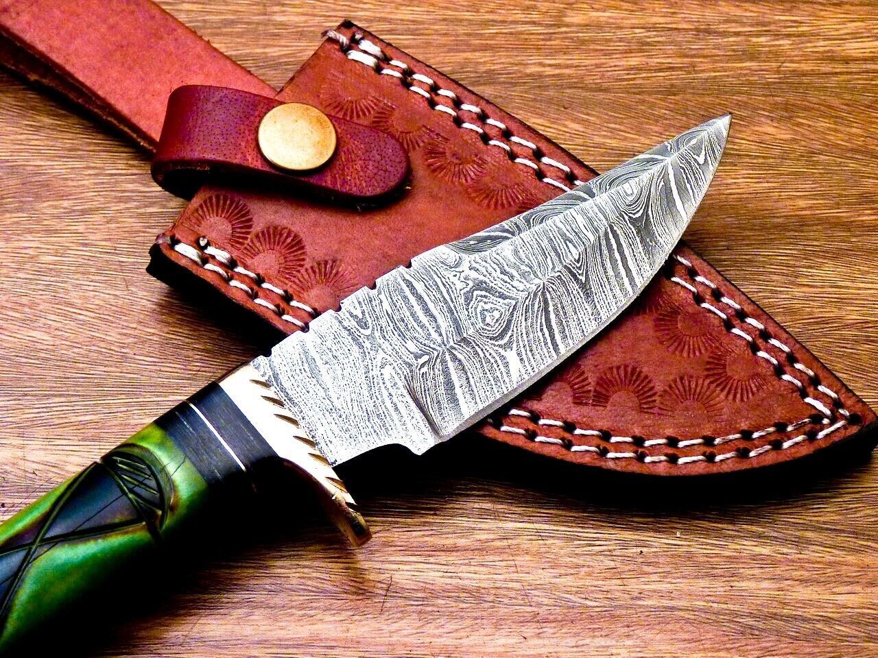 8 Inch Damascus Steel Hunting Knife with Engraved Camel Bone Handle