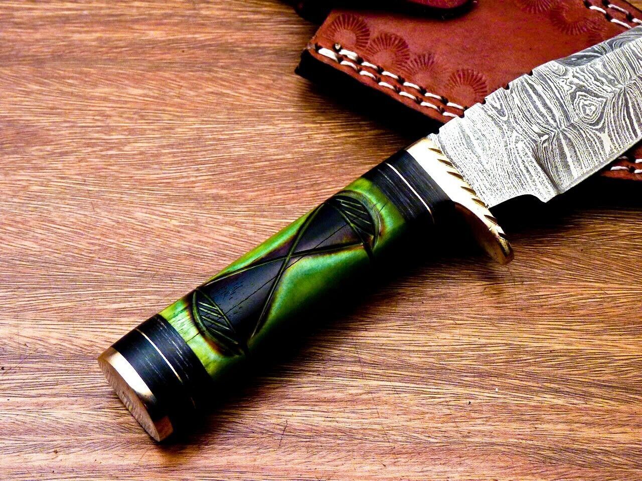 8 Inch Damascus Steel Hunting Knife with Engraved Camel Bone Handle