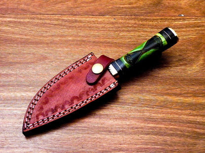 8 Inch Damascus Steel Hunting Knife with Engraved Camel Bone Handle