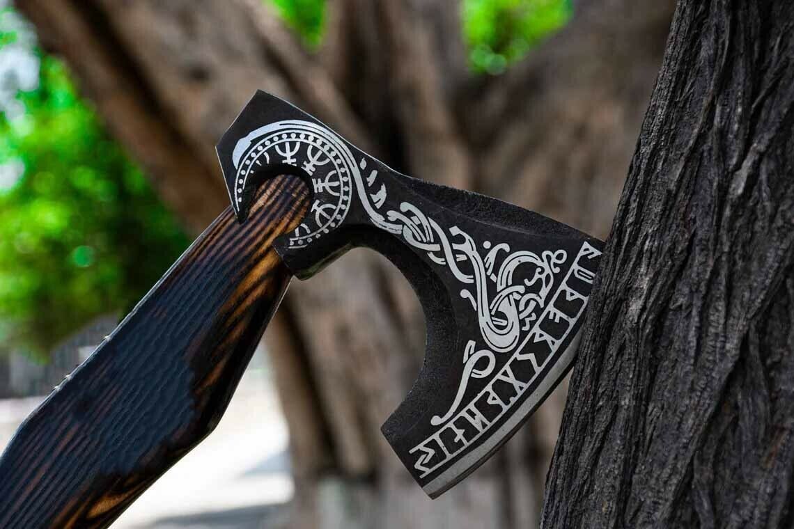 Handmade Engraved Viking Hunting Axe 18.5 Inch Carbon Steel with Leather Sheath