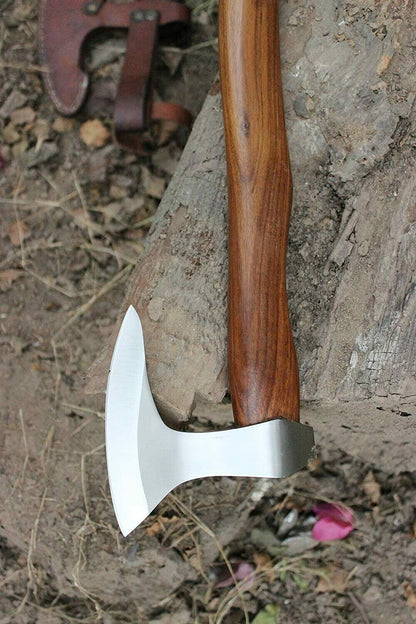 Handmade Etched High Carbon Steel Viking Axe with Ash Wood Handle and Leather Sheath