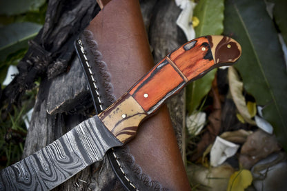 10 Inch Custom Damascus Skinner Knife with Twist Pattern Blade and Hard Wood Handle – Hunting Gift Knife