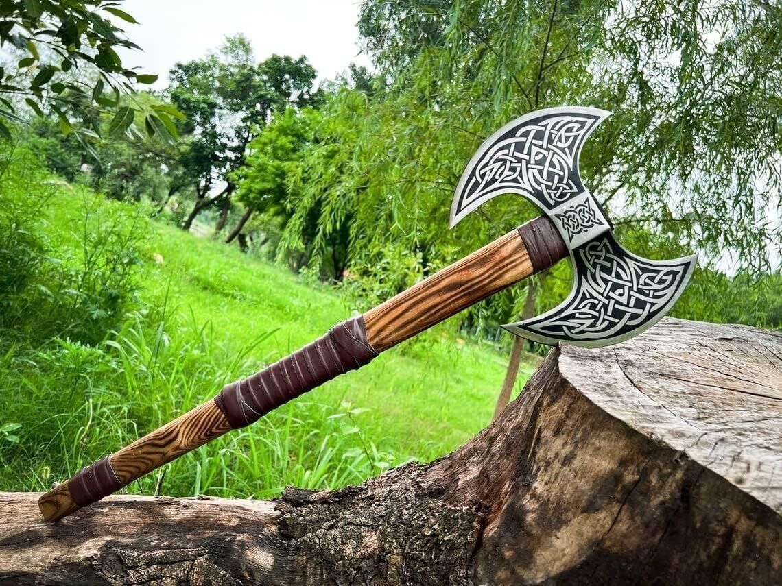 Handmade Double Head Viking Berserker Axe with Forged Steel Blades and Wooden Handle