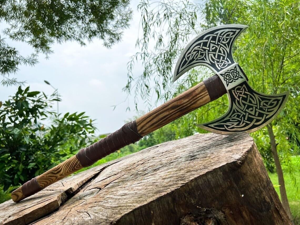 Handmade Double Head Viking Berserker Axe with Forged Steel Blades and Wooden Handle