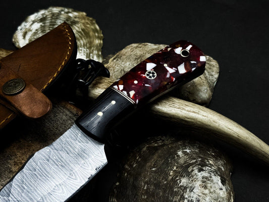 Heritage Forge Handmade Damascus Steel Survival Hunting Knife Epoxy Resin Handle with Leather Sheath