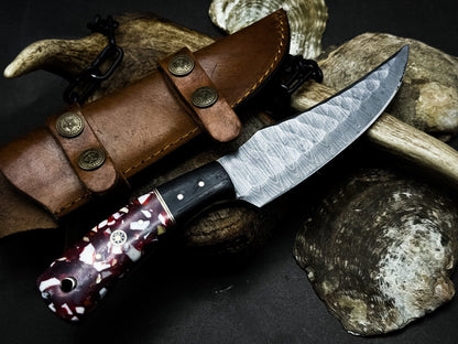 Heritage Forge Handmade Damascus Steel Survival Hunting Knife Epoxy Resin Handle with Leather Sheath