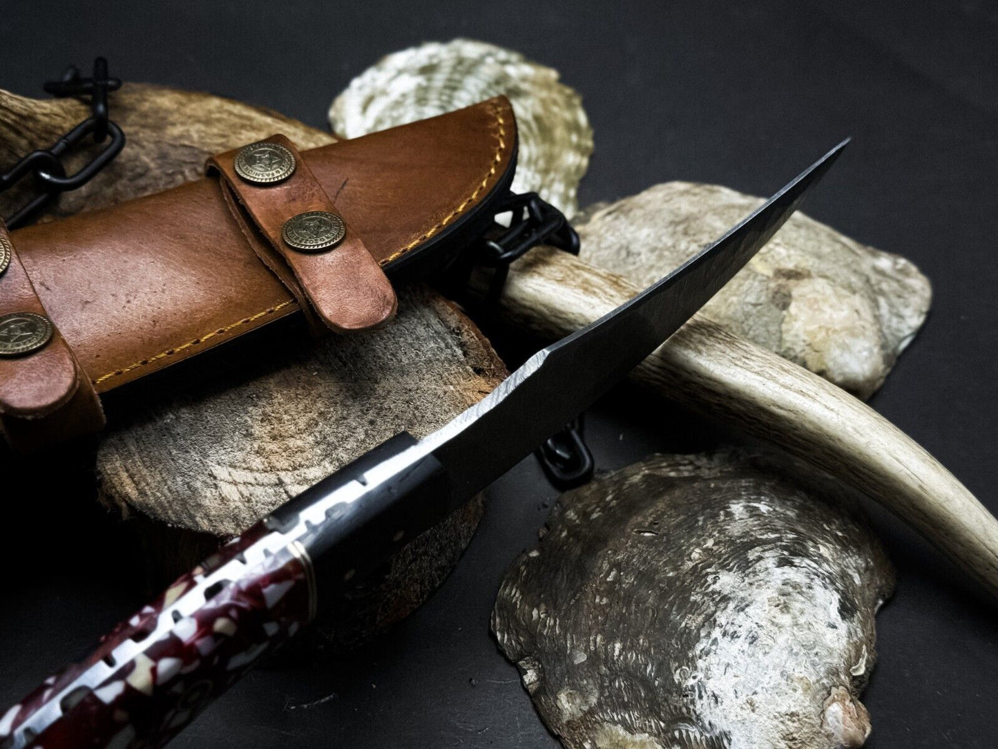 Heritage Forge Handmade Damascus Steel Survival Hunting Knife Epoxy Resin Handle with Leather Sheath