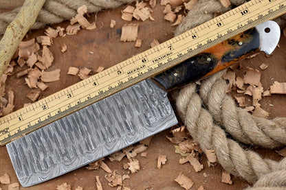 Custom Handmade Forged Damascus Steel Kitchen Chef Cleaver Knife – 11" Blade with Black & Orange Raisin Handle