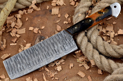 Custom Handmade Forged Damascus Steel Kitchen Chef Cleaver Knife – 11" Blade with Black & Orange Raisin Handle