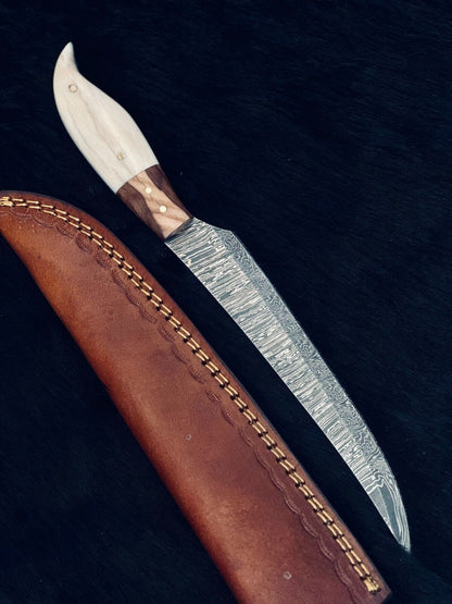 Heritage Forge 12 Inch Fire Damascus Steel Fillet Kitchen Knife with Camel Bone and Wood Handle