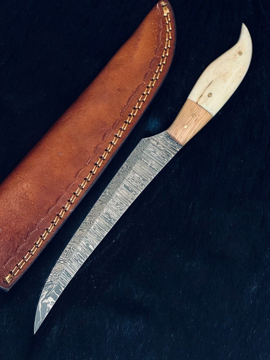 Heritage Forge 12 Inch Fire Damascus Steel Fillet Kitchen Knife with Camel Bone and Wood Handle